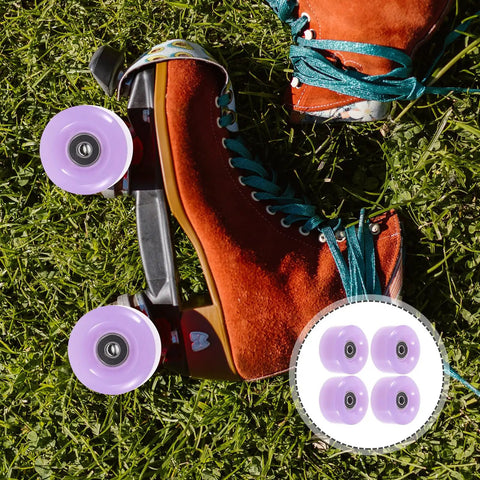 Orange roller skate with purple 4 Pack Roller Skate Wheels With Bearings Semi Jelly Purple For Outdoor And Indoor Quad Skates Replacement Parts Durable PU And Metal Construction Abrasion Resistant And Easy To Install, pictured on grass.
