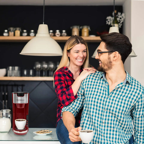 Couple in kitchen with Red Single Serve Coffee Maker With 2 In 1 Brew Pod Or Ground Coffee Five Brew Sizes Up To 14 Oz No Fuss Quick Brew