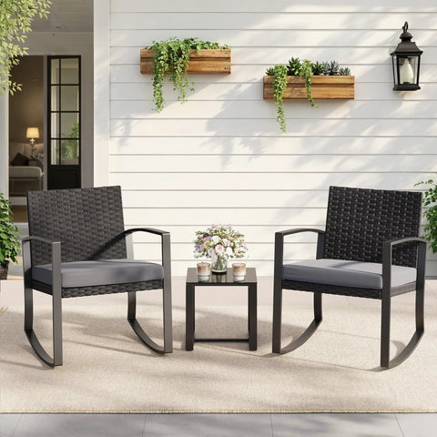 Three Piece Patio Furniture Set With Rocking Bistro Style Chill Outdoor Rattan Conversation Set With Coffee Table
