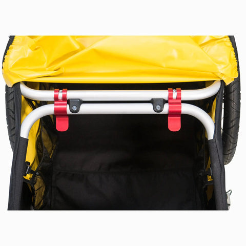 Nomad Touring Cargo Bike Trailer With Water Resistant Cover and Lightweight Aluminum Frame. View of interior and support bar.