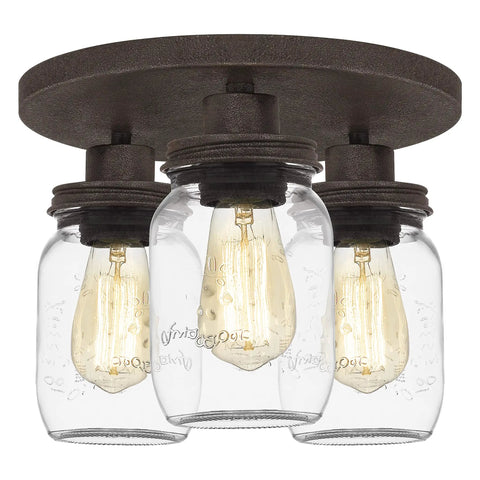 3-Light Textured Black Flush Mount With Faux Mahogany Wood Accents, Clear Glass Mason Jar Shade With Dope Rustic Lid