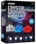 Glow In The Dark Crystal Growing Kit For Kids Ages Eight To Twelve With LED Light Up Display box showing red, blue, and clear crystals