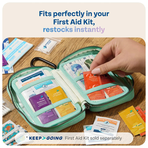 KeepGoing first aid kit refill in mint green zip case with 86 colorful packets.