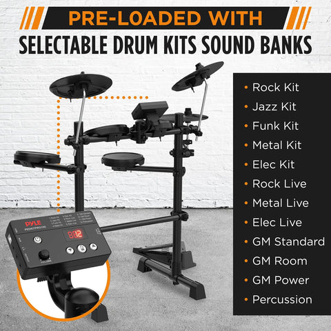 7 Piece Electric Drum Set With Mesh Snare And Tom Pads, 10 Inch Cymbals, USB MIDI Support shown with sound bank options