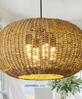 Large 22.83 Inch Rattan Boho Chandelier With Hand Woven Wicker, 4 Light Pendant Ceiling Fixture in elegant dining room