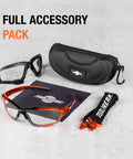 Foam Padded Safety Glasses With Clear Lens, ANSI Z87.1 Rated, U6 UV Protection, case, cleaning cloth, adjustable headband shown
