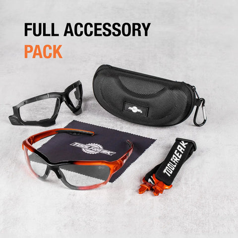 Foam Padded Safety Glasses With Clear Lens, ANSI Z87.1 Rated, U6 UV Protection, case, cleaning cloth, adjustable headband shown