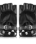 Womens Dope Edgy Punk Fingerless Leather Gloves Featuring Chill Ride Ready PU Half Finger Design With Grippy Wrist Wrap For Motoring Night Rides And Casual Hangout Wear in black PU leather with spiked straps.
