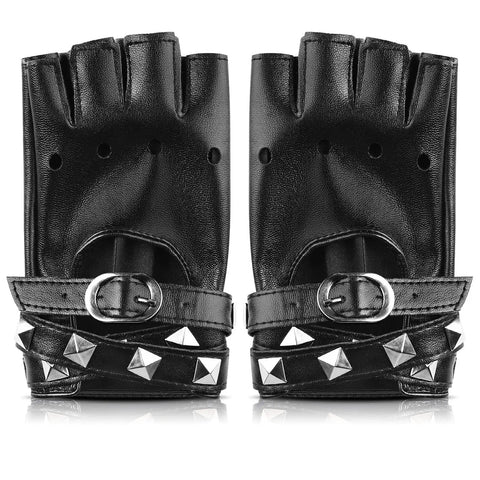 Womens Dope Edgy Punk Fingerless Leather Gloves Featuring Chill Ride Ready PU Half Finger Design With Grippy Wrist Wrap For Motoring Night Rides And Casual Hangout Wear in black PU leather with spiked straps.