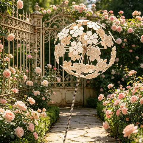 Metal flower sculpture in a garden from Beginner Welding Practice Kit With 201 Stainless Steel Flower Vase Project 31 Piece Set