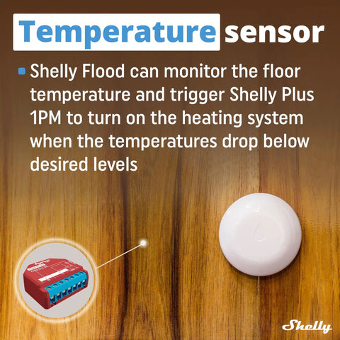 Wireless Flood Sensor With Temperature Measurement For Home Automation, Leaks And Drip Alerts, round design, on wood floor