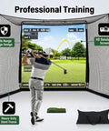 Golfer using 10x8 Ft Golf Practice Net With Impact Screen And Mat Beefy Steel Frame Hitting Net For Indoor Golf Simulator Training.