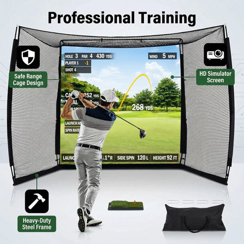Golfer using 10x8 Ft Golf Practice Net With Impact Screen And Mat Beefy Steel Frame Hitting Net For Indoor Golf Simulator Training.