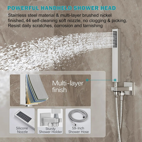 Powerful handheld spray of Brushed Nickel Shower System With 10 Inch Rain Showerhead, Handheld Spray, and wall-mounted holder.