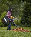 Person using 3 In 1 Leaf Blower Mulcher Vacuum For Easy Lawn Care With 350 CFM Airflow And 210 MPH Mulches Leaves At 18 To 1 Ratio WG509 on grass