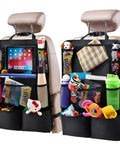 Two backseat car organizers with kick mats and tablet holders, each with 9 pockets, filled with kids' items and accessories.