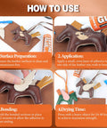 Illustration showing steps on using Leather Glue 60ml Extra Strong Waterproof Flexible Adhesive For Leather And Vinyl With Fast Dry Tech Ideal For Shoes Bags Sofas Jackets Car Seats And Other Repairs
