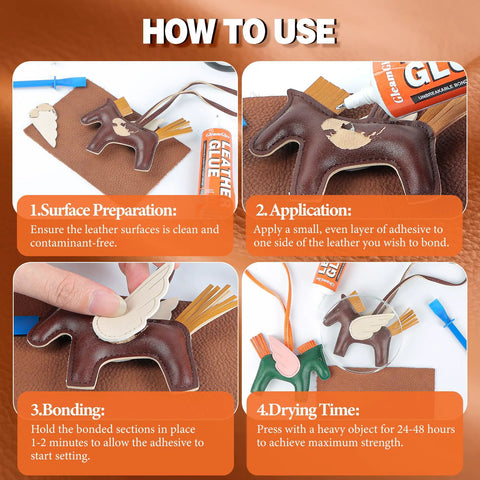 Illustration showing steps on using Leather Glue 60ml Extra Strong Waterproof Flexible Adhesive For Leather And Vinyl With Fast Dry Tech Ideal For Shoes Bags Sofas Jackets Car Seats And Other Repairs