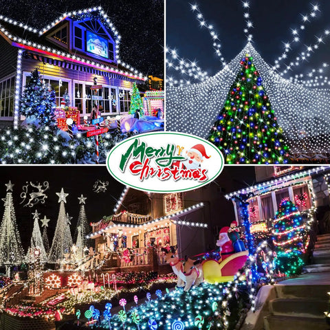 Outdoor houses decorated with 1000 LED Outdoor Christmas String Lights 403 Ft With 8 Modes IP44 Waterproof Fairy Lights on clear wire
