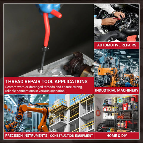Thread repair tools in use for automotive repairs, industrial machinery, precision instruments, construction equipment, and home DIY.