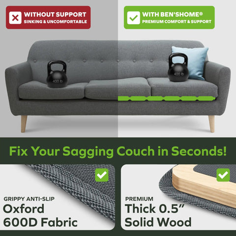 Heavy Duty Couch Cushion Support Board To Fix Sagging Sofas Instantly Lift And Stabilize Worn Foam Restore Living Room Comfort, gray fabric sofa with stability support.