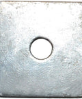 Close-up of a hot dip galvanized square washer, 5/8 x 3 x 3 x 1/4, metal plate, for DIY projects and construction, single piece view.
