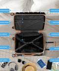 Open view of Expandable Hardside Carry On Luggage With USB C, TSA Lock, Quiet Dual Spinner Wheels, lined interior, on bed.