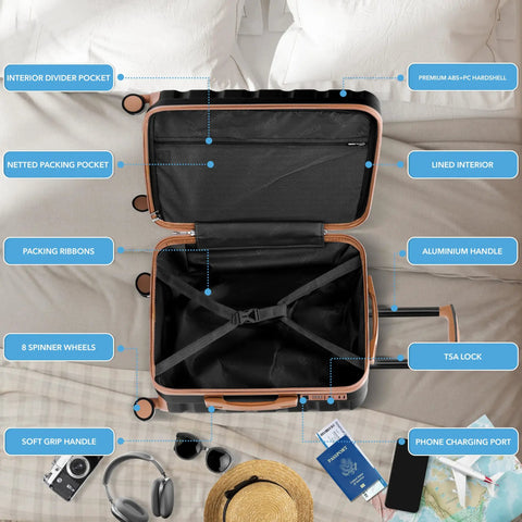 Open view of Expandable Hardside Carry On Luggage With USB C, TSA Lock, Quiet Dual Spinner Wheels, lined interior, on bed.