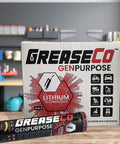 Front view of GreaseCo GenPurpose general-purpose lithium grease box with amber NLGI 2 lubricant and 14 oz cartridges, plus upright tubes.