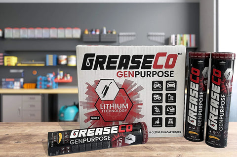 Front view of GreaseCo GenPurpose general-purpose lithium grease box with amber NLGI 2 lubricant and 14 oz cartridges, plus upright tubes.