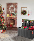 200 Gallon Waterproof Outdoor Storage Box Built Tough Resin Deck Box With Lockable Lid beside Christmas tree indoors