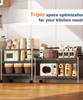 Two Tier Beefy Heavy Duty Wire Shelving Unit With Lockable Wheels 36 Inch Wide 18 Inch Deep 19.5 Inch High Height Adjustable Metal Storage Shelves Organizer for kitchen use with appliances and containers.