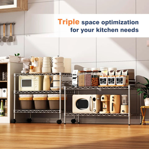 Two Tier Beefy Heavy Duty Wire Shelving Unit With Lockable Wheels 36 Inch Wide 18 Inch Deep 19.5 Inch High Height Adjustable Metal Storage Shelves Organizer for kitchen use with appliances and containers.