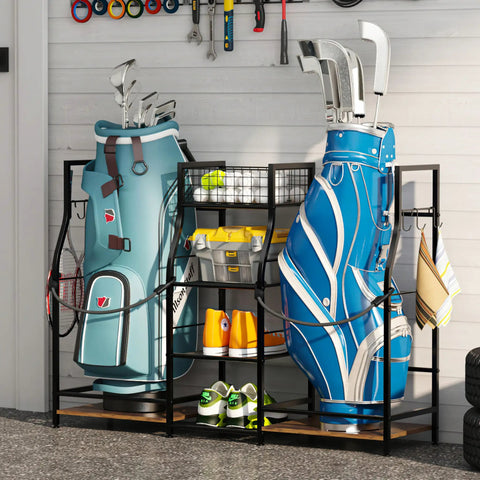 Go-To Golf Bag Organizer For Garage Storage, Dual Bag Rack with Stable Stand and Shelves, Center Basket for Balls