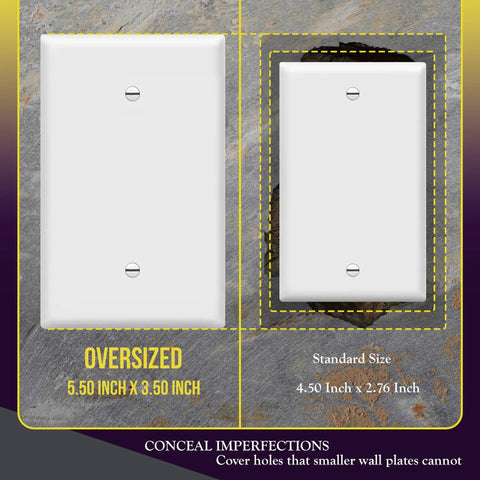 Comparison of Oversized 1-Gang Blank Wall Plate Cover 5.5 by 3.5 Inches with standard plate, showcasing size and material.