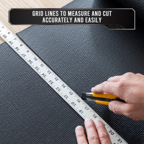 Cutting Pro Grade Tool Box Liner 10 Ft By 24 In Non Slip Thick Drawer And Shelf Mat For Toolbox Cabinets using ruler and knife.