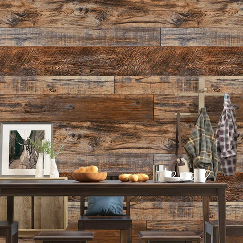 Brown Wood Peel And Stick Wallpaper Vinyl Shiplap Self Adhesive Covering For Cabinets Countertops Shelves Drawers Walls And Doors Durable Easy To Remove DIY Friendly No Mess Realistic Wood Look in dining area