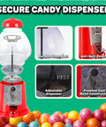 Killer Vintage Style Red Cast Metal 11 Inch Self Serve Gumball Candy Dispenser showing durable glass bowl and anti-spill cover.