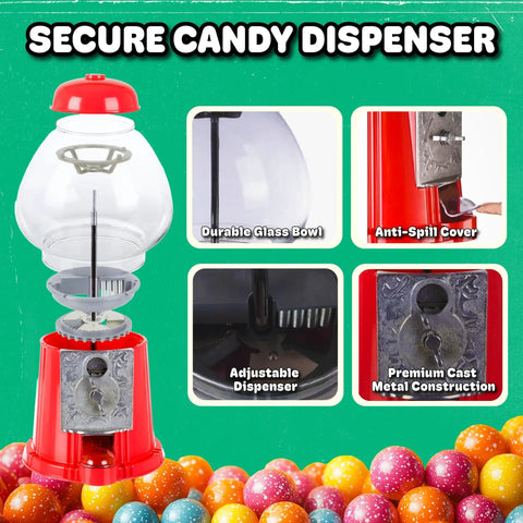 Killer Vintage Style Red Cast Metal 11 Inch Self Serve Gumball Candy Dispenser showing durable glass bowl and anti-spill cover.