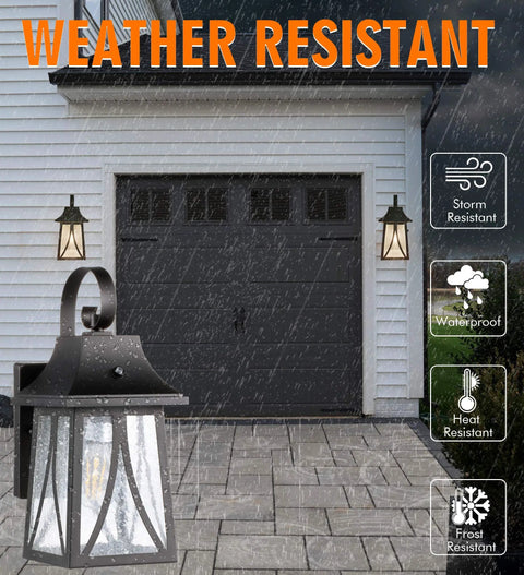 Dope Outdoor Wall Lantern 120V With Dusk To Dawn Photocell mounted on exterior wall in rainy weather, oil rubbed bronze, seeded glass panels