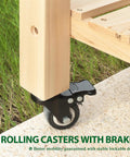Close-up of a cedar raised garden bed leg on a wheel with brake, showcasing mobility feature, part of a Raised Garden Bed With Legs On Four Wheels And Brakes, With Shelf, 48 By 24 By 33 Inches Outdoor Planter Box For Vegetables And Flowers, Backyard And Patio, Natural Finish.