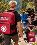Person hiking with Fully Stocked All In One First Aid Kit Backpack With 400 Pieces Of Survival Gear for car travel home camping