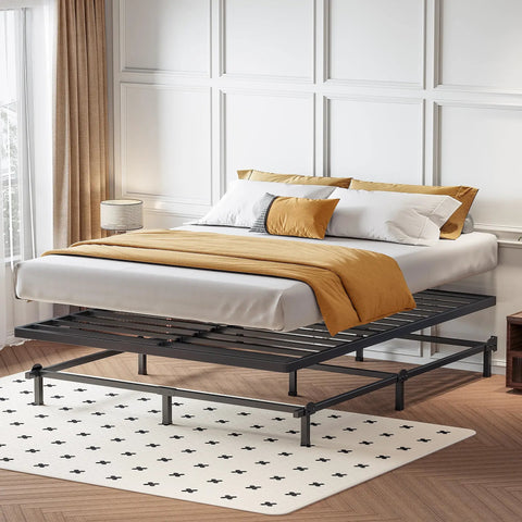Heavy Duty King Box Spring 2 Inch Low Profile Metal Bed Base Featuring Dense Steel Slats That Support Up To 3000 Pounds in modern bedroom setup.