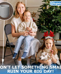 Family with Christmas gifts next to a chair with Gray 7/8 Inch Folding Chair Leg Caps 12 Pack Built Tough Heavy Duty Nylon Non Marring Floor Protectors.