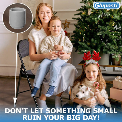 Family with Christmas gifts next to a chair with Gray 7/8 Inch Folding Chair Leg Caps 12 Pack Built Tough Heavy Duty Nylon Non Marring Floor Protectors.