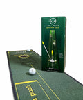 Golf Putting Training Mat 10 Foot Long with Visual Alignment Aids shown with packaging and two golf balls on mat
