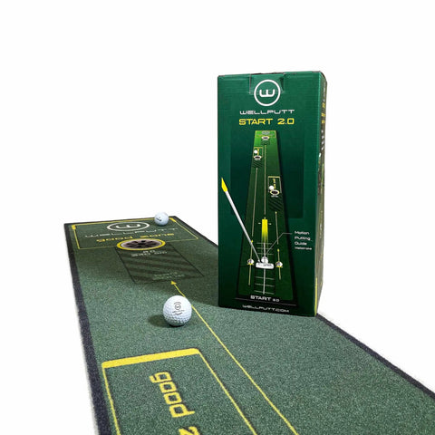 Golf Putting Training Mat 10 Foot Long with Visual Alignment Aids shown with packaging and two golf balls on mat