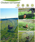 Outdoor Metal Chicken Run Tunnel For Eight To Twelve Chickens Predator Proof Easy Install Tough As Nails Durable Coop Accessory For Chickens Ducks And Rabbits 118 Inch Long 26 Inch Wide 23 Inch High, shown in green backyard with chickens inside