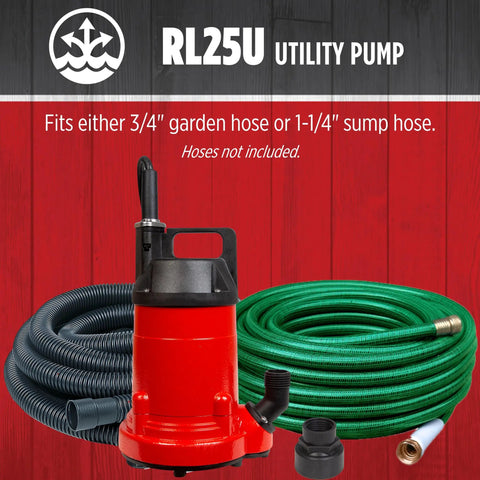 Heavy Duty 115 Volt One Quarter HP Aluminum Utility Pump With 1500 GPH Flow, hose and accessories displayed