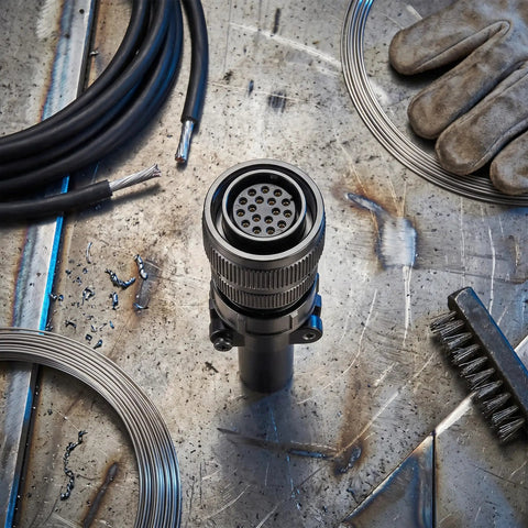 Beefy Stainless Steel 14 Pin Male Plug Wire Feeder Connector With Industrial Cord Mount on workshop table